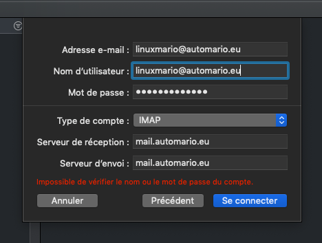 Configuration du serveur mail dans l'assitant Mail.app