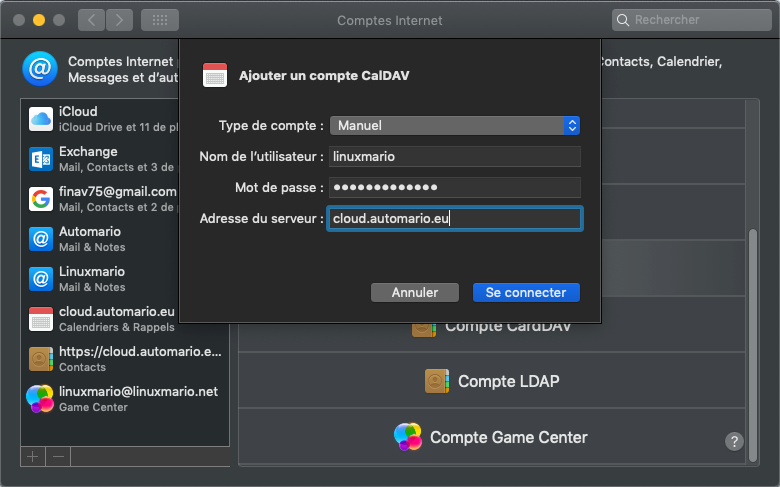 Configuration de votre compte CalDAV dans l'assistant de MacOS